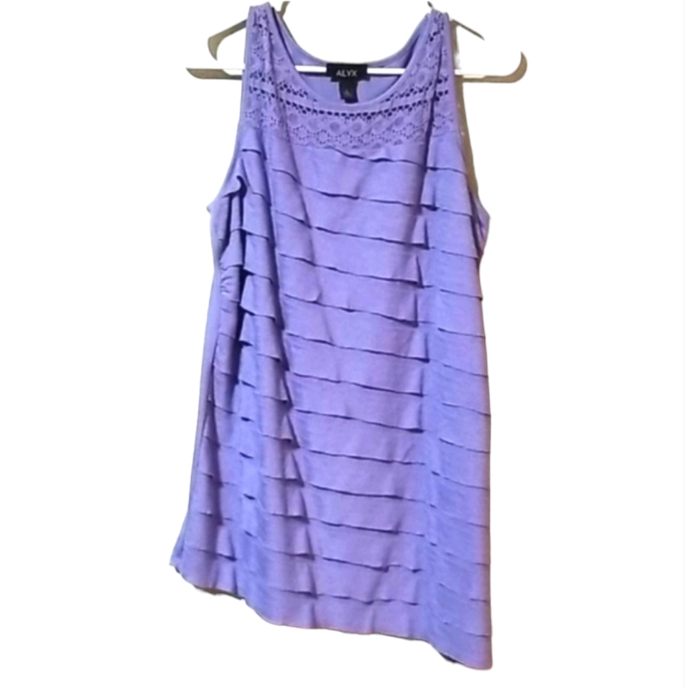 Alyk | Ruffled Front Asymmetrical Tank Lace Neckline Large Blue